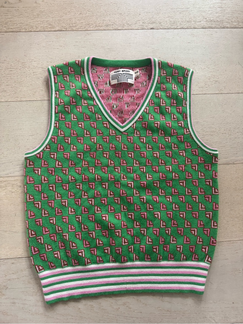 Tory Sport By Tory Burch Performance Merino Jacquard Vest In Pink/Green Size M - Picture 2 of 6